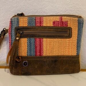 Myra Bag Colorful Woven Clutch with Leather Trim